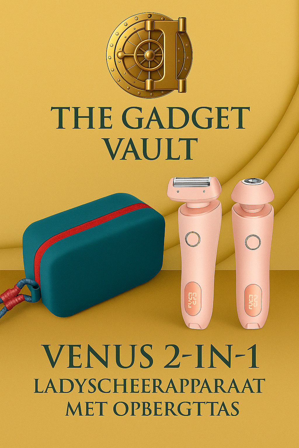 “Productvisualisatie van het Venus 2-in-1 Ladyscheerapparaat met LED-scherm en opbergtas in oceaanblauw met felrode rits, gepresenteerd in luxe stijl op een beige en goudkleurige achtergrond met The Gadget Vault-logo.”