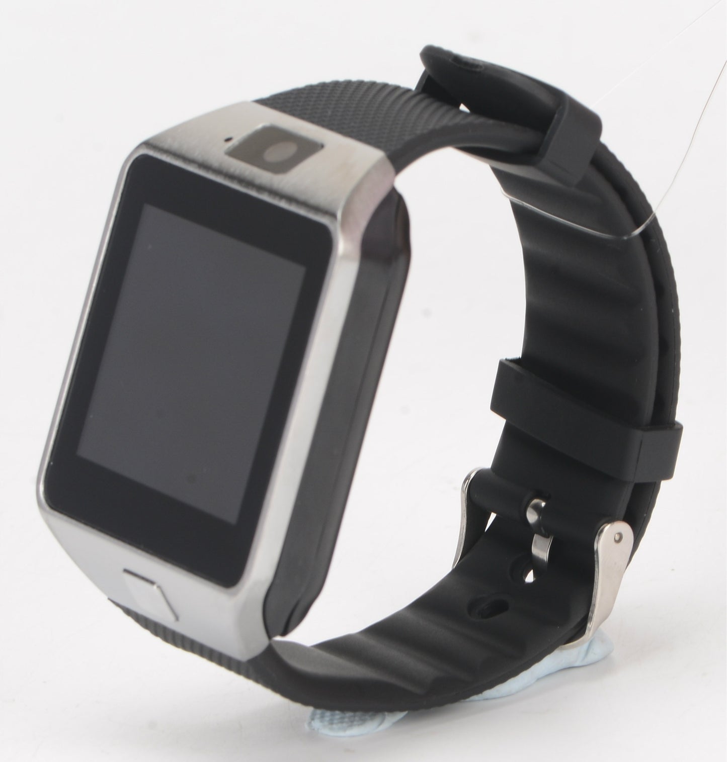 Een zwarte U8 Smartwatch met een zilverkleurige rand, strak weergegeven op een witte achtergrond. Het horloge heeft een elegant, minimalistisch ontwerp met een zwart TPU-polsbandje en een vierkant display.