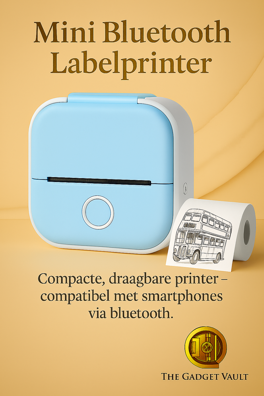 Promotionele afbeelding van een mini Bluetooth-labelprinter in lichtblauw met een afgeronde vierkante vorm, weergegeven met afgedrukt label in zwart-wit busdesign, geplaatst op een zachte goud/beige achtergrond met het gouden kluislogo van The Gadget Vault.