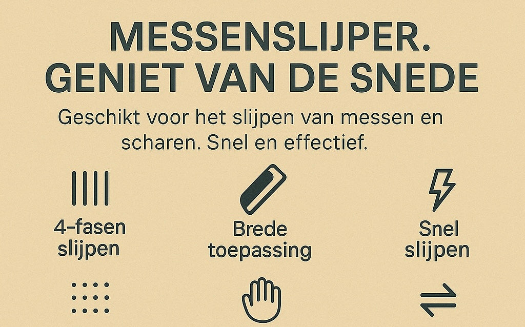 Promotionele visual in goud/beige stijl van The Gadget Vault met de belangrijkste kenmerken van een elektrische messenslijper, waaronder 4-traps slijpen, brede toepasbaarheid, snelle werking, antislipbasis, comfortabel handvat en vervangbaar mes.