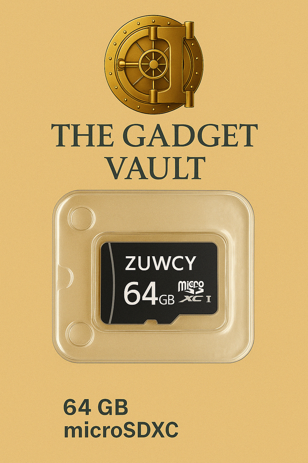 ZUWCY 64 GB microSD-geheugenkaart in luxe verpakking – geschikt voor Full HD-opnames, bewakingscamera’s en mobiele apparaten, getoond op een beige achtergrond met het gouden kluislogo van The Gadget Vault.