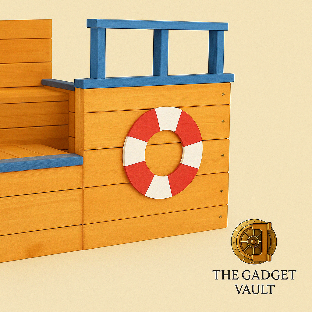 Detail van houten piratenschip-zandbak met blauw relingwerk en rood-witte reddingsboei, afgewerkt in warme houtkleur op beige achtergrond met The Gadget Vault-logo rechtsonder.