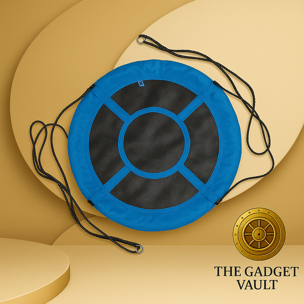 Bovenaanzicht van een blauwe ronde nestschommel met zwarte mesh zitting en vier ophangtouwen met metalen ringen, weergegeven tegen een elegante beige-gouden achtergrond met het logo van The Gadget Vault rechtsonder.
