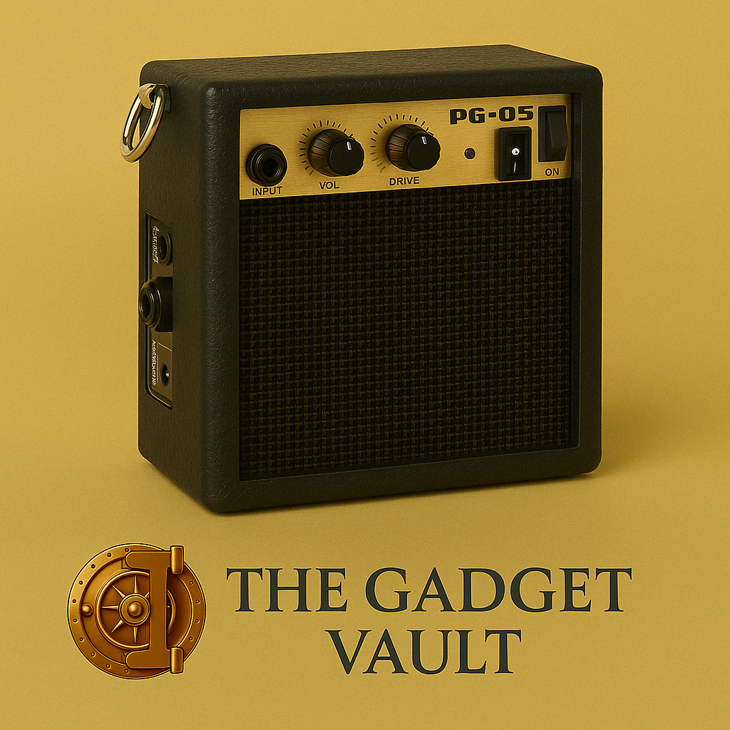 Een zwarte elektrische gitaar met witte details, gepresenteerd naast een compacte PG-05 gitaarversterker op een warme goudgele achtergrond. Branding van The Gadget Vault zichtbaar rechtsonder.