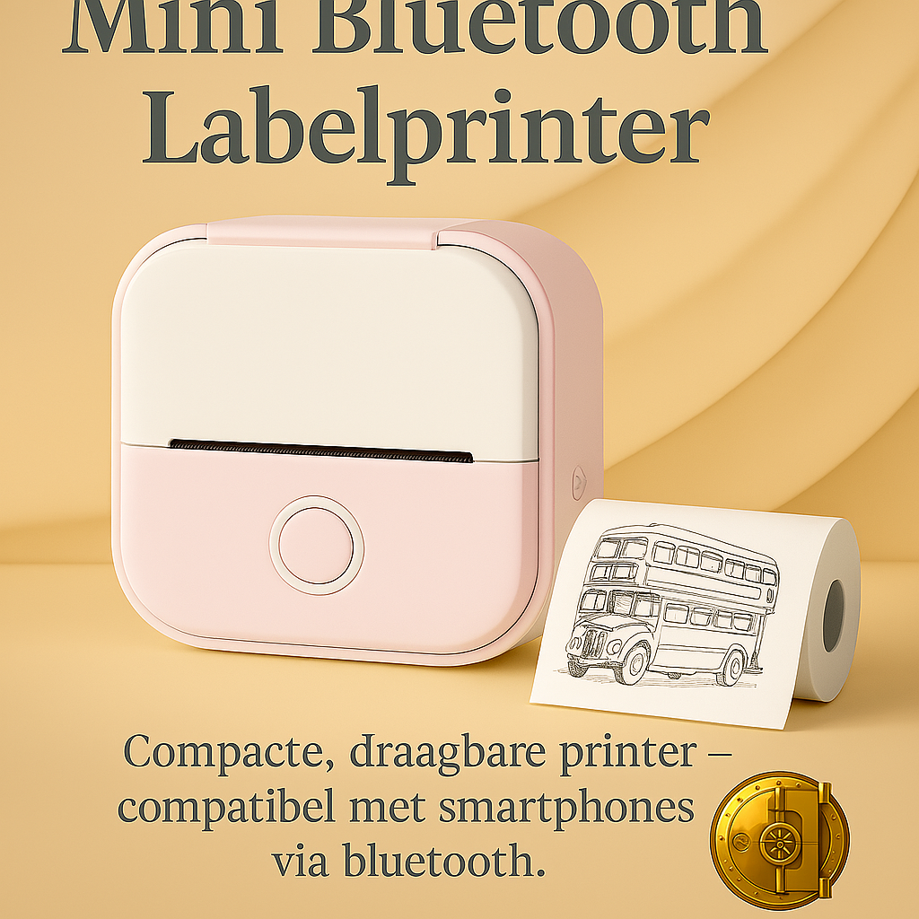 Promotiebeeld van de Mini Bluetooth Labelprinter in roze-wit, met afgedrukt illustratievoorbeeld op labelpapier – draagbaar, draadloos en compatibel met smartphones. Stijlvol gepresenteerd in The Gadget Vault brandingstijl.