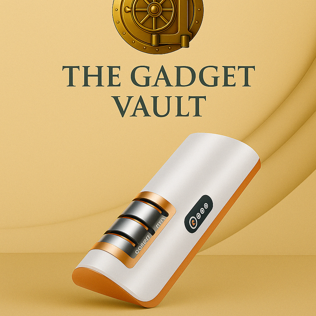 Digitale productvisual van een elektrische messenslijper in wit-met-koperkleurige afwerking, gepresenteerd op een luxe beige achtergrond met het gouden kluislogo van The Gadget Vault volledig zichtbaar bovenaan.