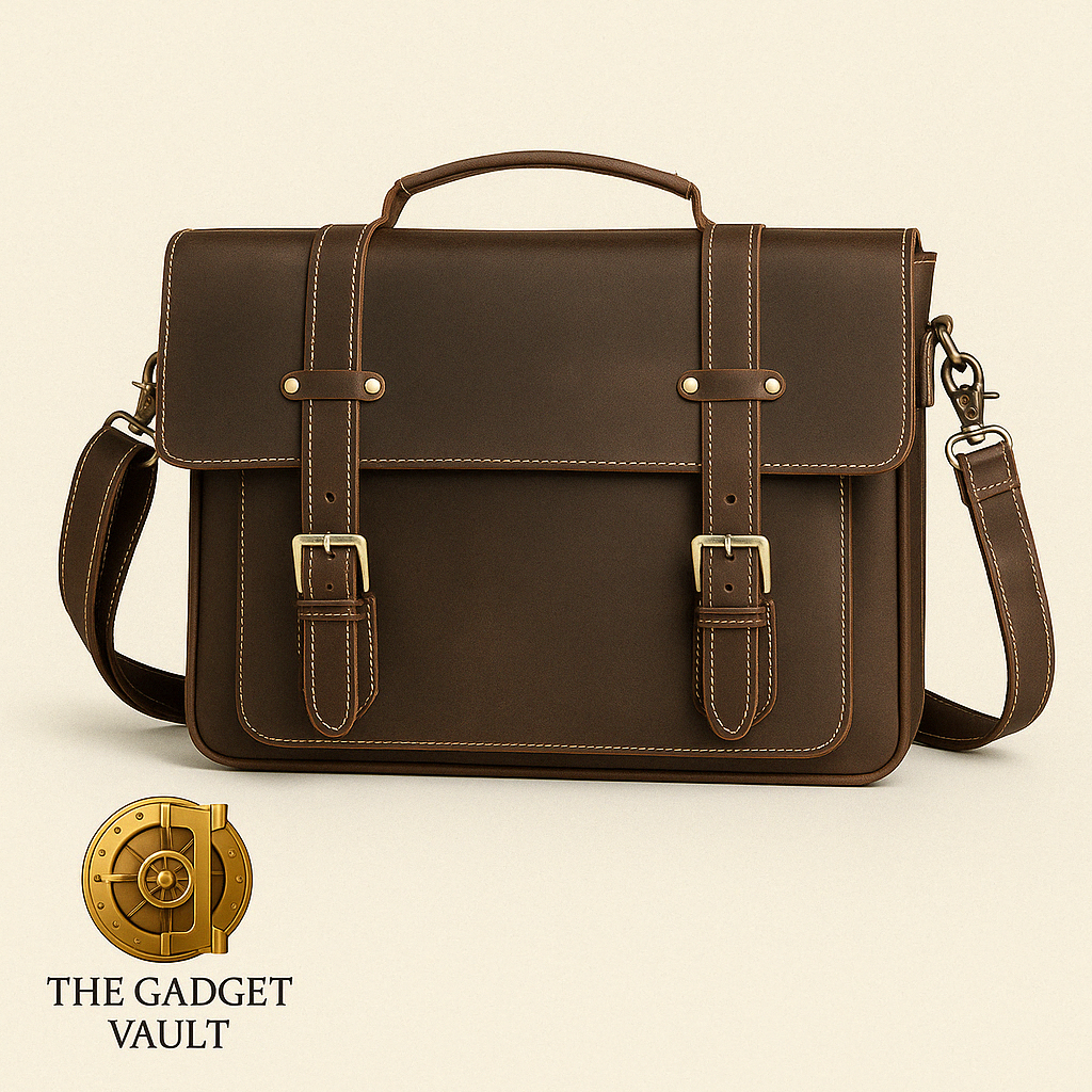 Vintage bruine leren aktetas van Crazy Horse-leer met dubbele gesp, handvat en verstelbare schouderriem. De tas is afgebeeld op een beige achtergrond met het gouden logo van The Gadget Vault subtiel linksonder.