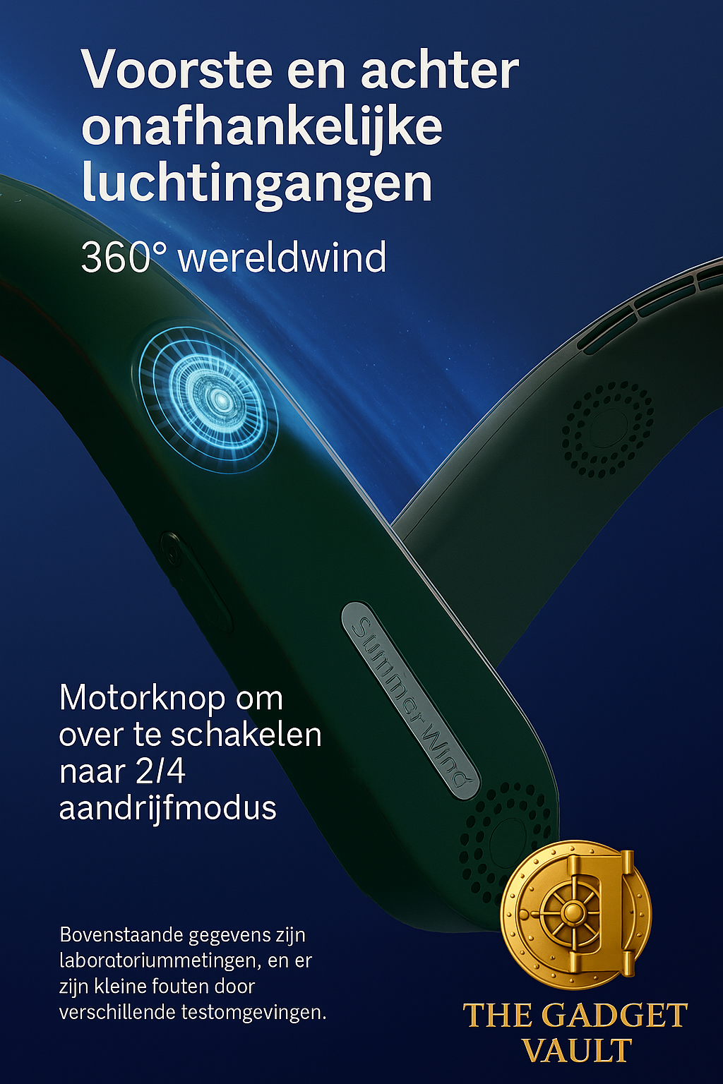 Close-up van een draagbare bladloze nekventilator met 360° luchtstroom en afzonderlijke luchtkanalen voor en achter, gepresenteerd op een blauwe futuristische achtergrond met Nederlandse promotietekst.