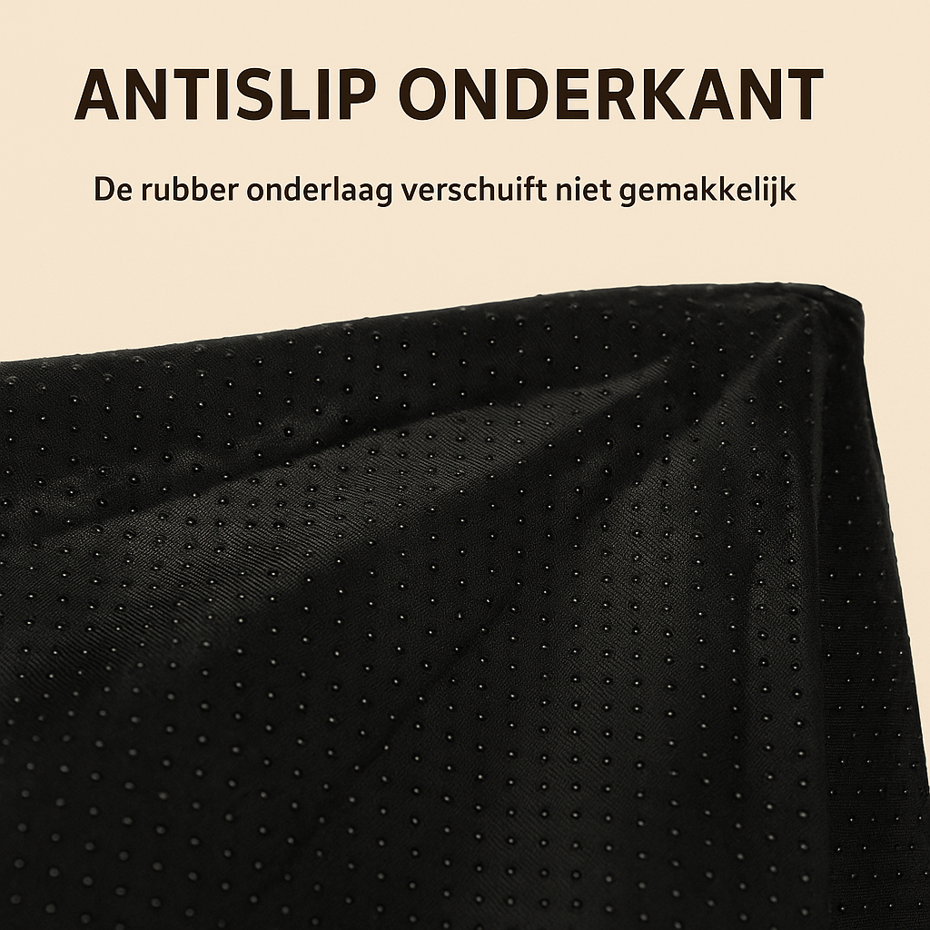 Digitale productfoto van een zwarte antislip onderzijde van een opvouwbare kattenbak, met rubberen nopjes voor extra grip en stabiliteit op gladde vloeren.
