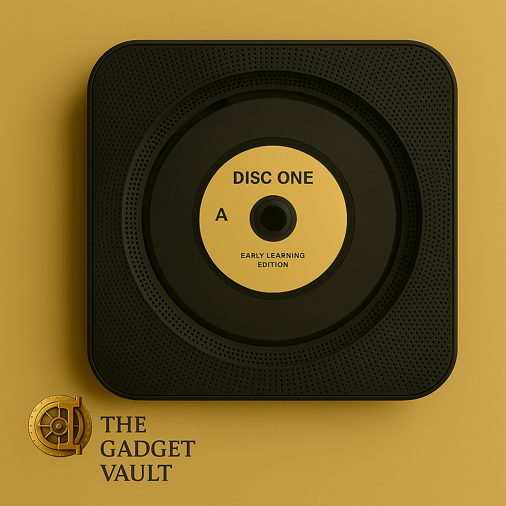 Zwarte vierkante CD-speler met zichtbare disc en ingebouwde speakeropeningen, stijlvol gepresenteerd op een beige achtergrond met subtiel The Gadget Vault-logo linksonder.