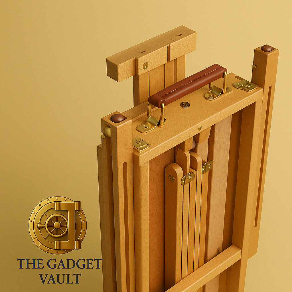 Close-up van een opgevouwen houten schilderezel met lederen handvat en gouden details, tegen een beige achtergrond met het logo van The Gadget Vault linksonder.