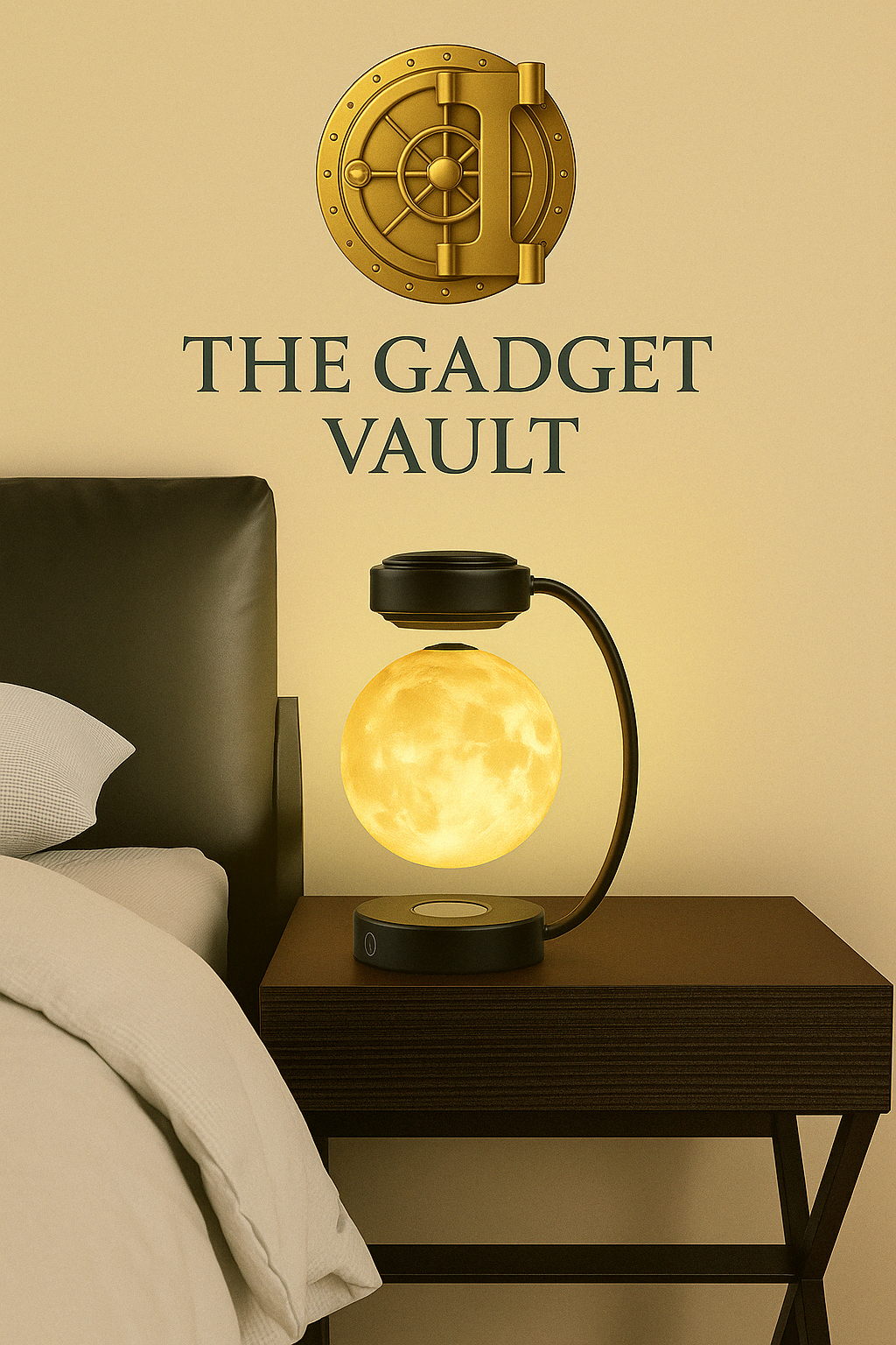 Zwevende 3D LED maanlamp op nachtkastje met zwarte houder, straalt warm licht uit in een moderne slaapkameromgeving.