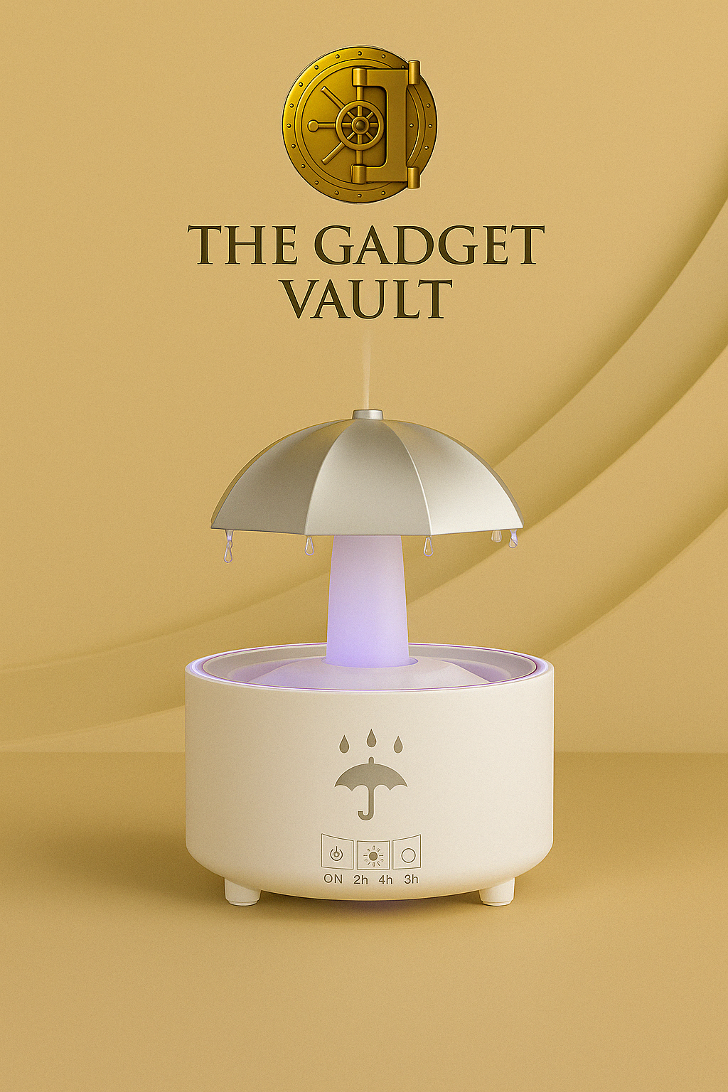 Close-up van een witte ultrasone aromatherapie luchtbevochtiger met paraplu-ontwerp, die regendruppels simuleert en stoom uitstoot. De paarse sfeerverlichting accentueert het creatieve design op een moderne beige achtergrond.