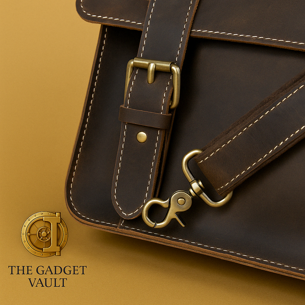 Close-up van een Crazy Horse leren aktetas met stevige stiksels, messing gesp en afneembare schouderriem, afgebeeld op een goudgele achtergrond. Het kluislogo van The Gadget Vault is subtiel zichtbaar linksonder.