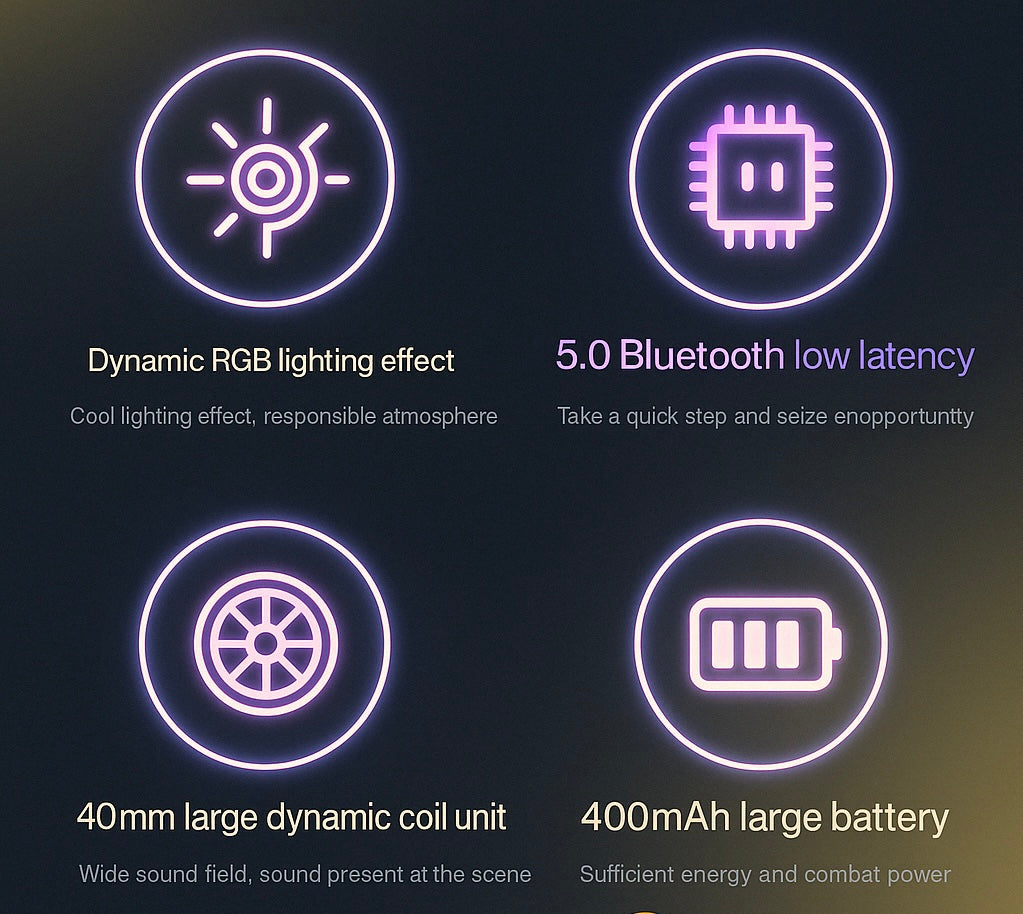 Digitale grafiek toont vier belangrijke functies van draadloze over-ear koptelefoons, waaronder RGB-verlichting, Bluetooth 5.0 met lage latentie, een 40 mm dynamische spoeleenheid en een 400mAh batterij – weergegeven in neonstijl op een blauw-paars verloop.
