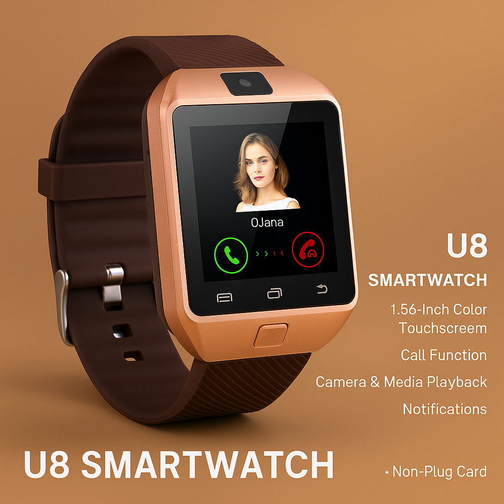 Een stijlvolle U8 Smartwatch met bruin polsbandje en goudkleurige kast, weergegeven met oproepinterface op het scherm. De smartwatch staat in focus op een warme achtergrond en toont icoontjes voor oproep opnemen of weigeren, met de naam ‘OJana’ op het scherm.