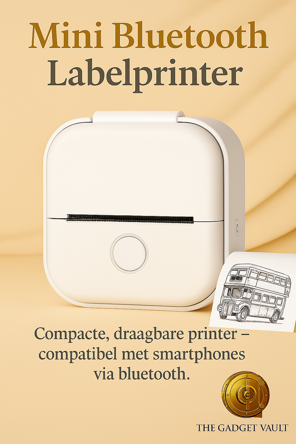 Digitale advertentie van een witte Mini Bluetooth Labelprinter met thermisch printpapier – compact, draagbaar en compatibel met smartphones via Bluetooth. Gepresenteerd in een stijlvolle goudbeige achtergrond met het logo van The Gadget Vault.