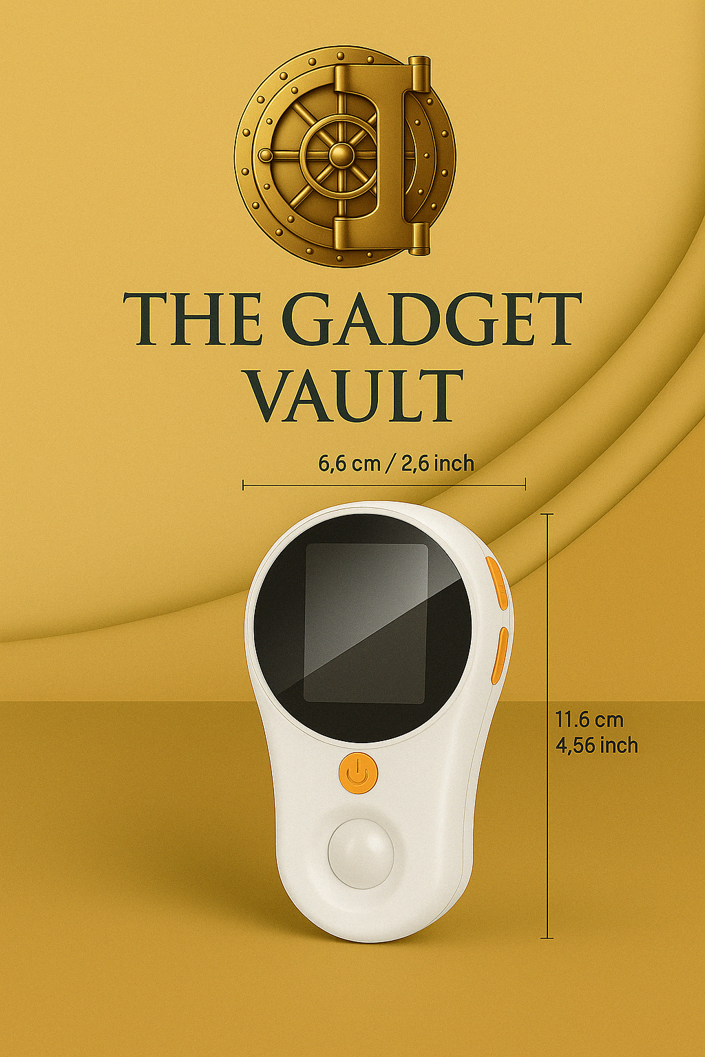 Productadvertentie van een witte draagbare digitale kindermicroscoop met LCD-scherm, oranje bedieningsknoppen en ingebouwde lens, elegant gepresenteerd op een goudkleurige achtergrond met The Gadget Vault-logo.