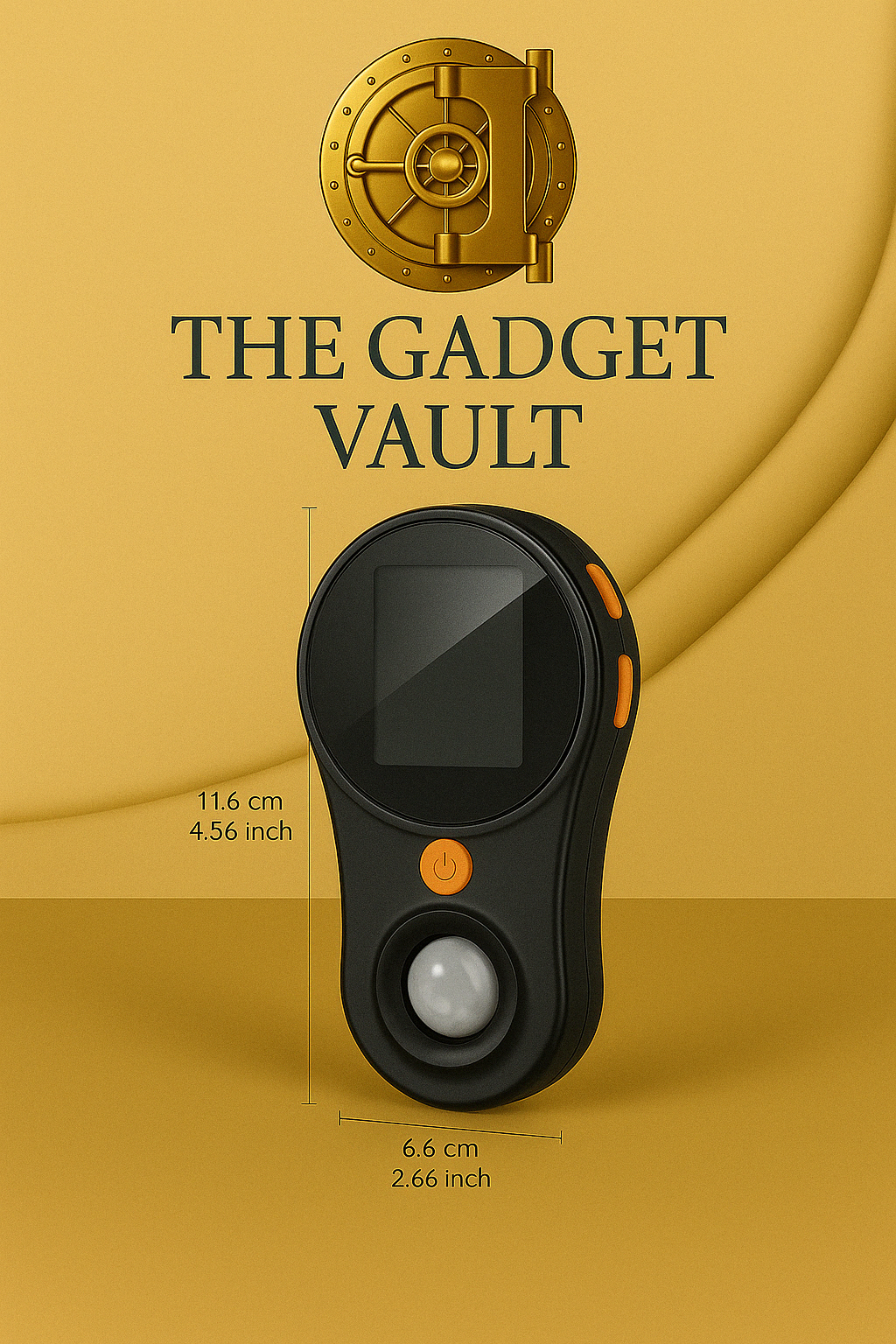 Zwarte draagbare digitale microscoop voor kinderen met LCD-scherm, knoppen aan de zijkant en bewegingssensor, gepresenteerd op een luxe goudbeige achtergrond met The Gadget Vault-logo.