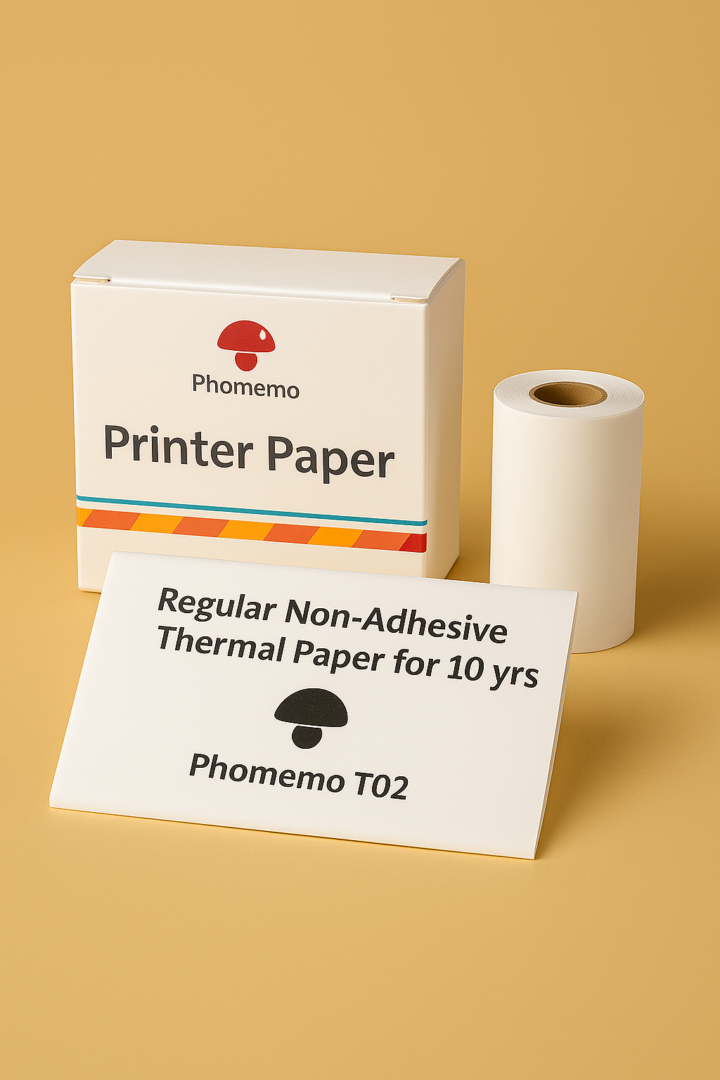 Een productfoto van Phomemo thermisch printerpapier (model T02), bestaande uit een verpakking met kleurrijk motief en twee rollen wit, niet-klevend papier van 53mm x 6,5m, geschikt voor thermische labelprinters.