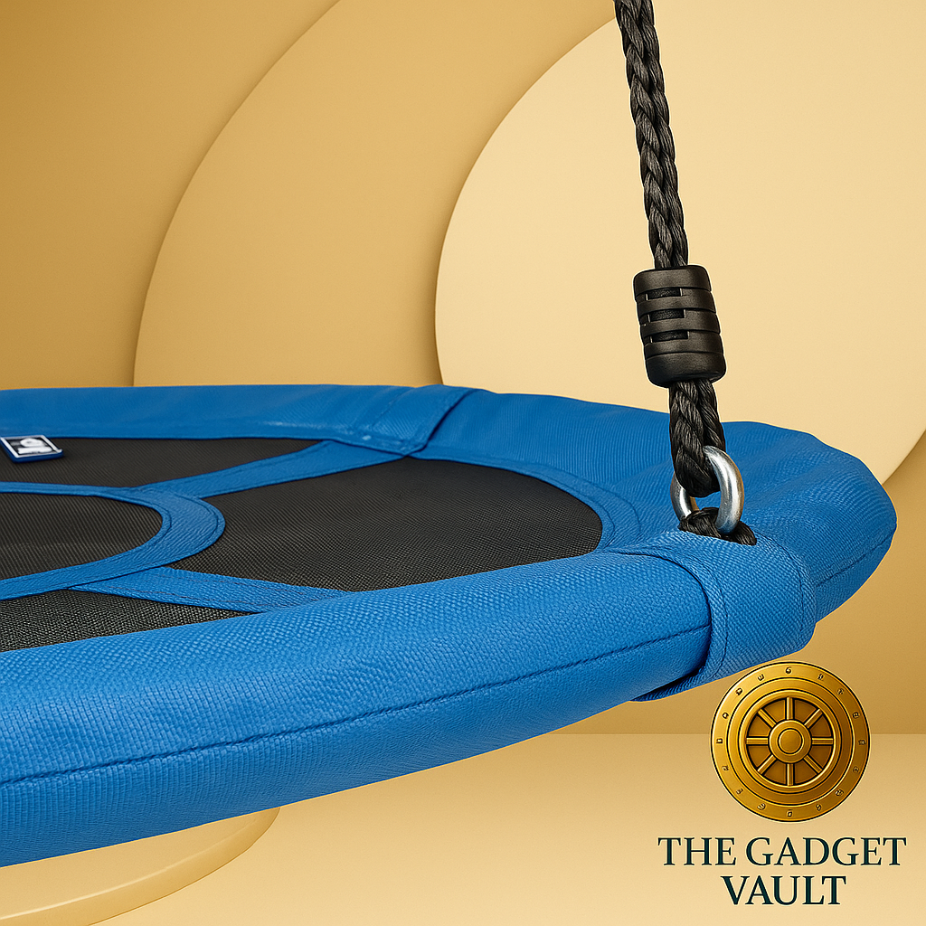 Close-up van een blauwe nestschommel met zwarte mesh zitting, stevige stiksels en een zwarte gevlochten ophangkoord met metalen ring, gepresenteerd tegen een luxe beige-gouden achtergrond met het logo van The Gadget Vault rechtsonder.