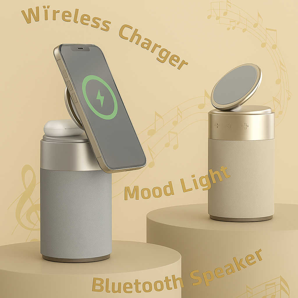 Digitale visual van de LumiDock™ 3-in-1 Speakerlamp in zilvergrijs, met draadloze oplader voor iPhone en AirPods, Bluetooth speaker en touch LED licht, tegen een achtergrond met muzieknoten en stijlvolle typografie.