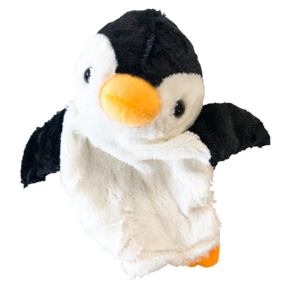 Pluche pinguïn hoofd en vleugels van een kinderspeelgoed schommelstoel, zwart-witte zachte stof met oranje snavel.