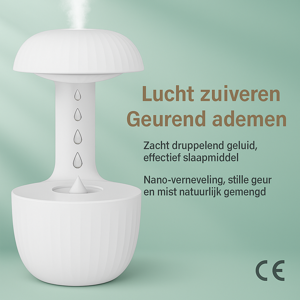 Witte anti-zwaartekracht luchtbevochtiger met zwevende waterdruppels, tegen een mintgroene achtergrond. Rechts staat Nederlandstalige tekst met voordelen zoals geurverspreiding, zacht druppelend geluid en CE-markering rechtsonder.