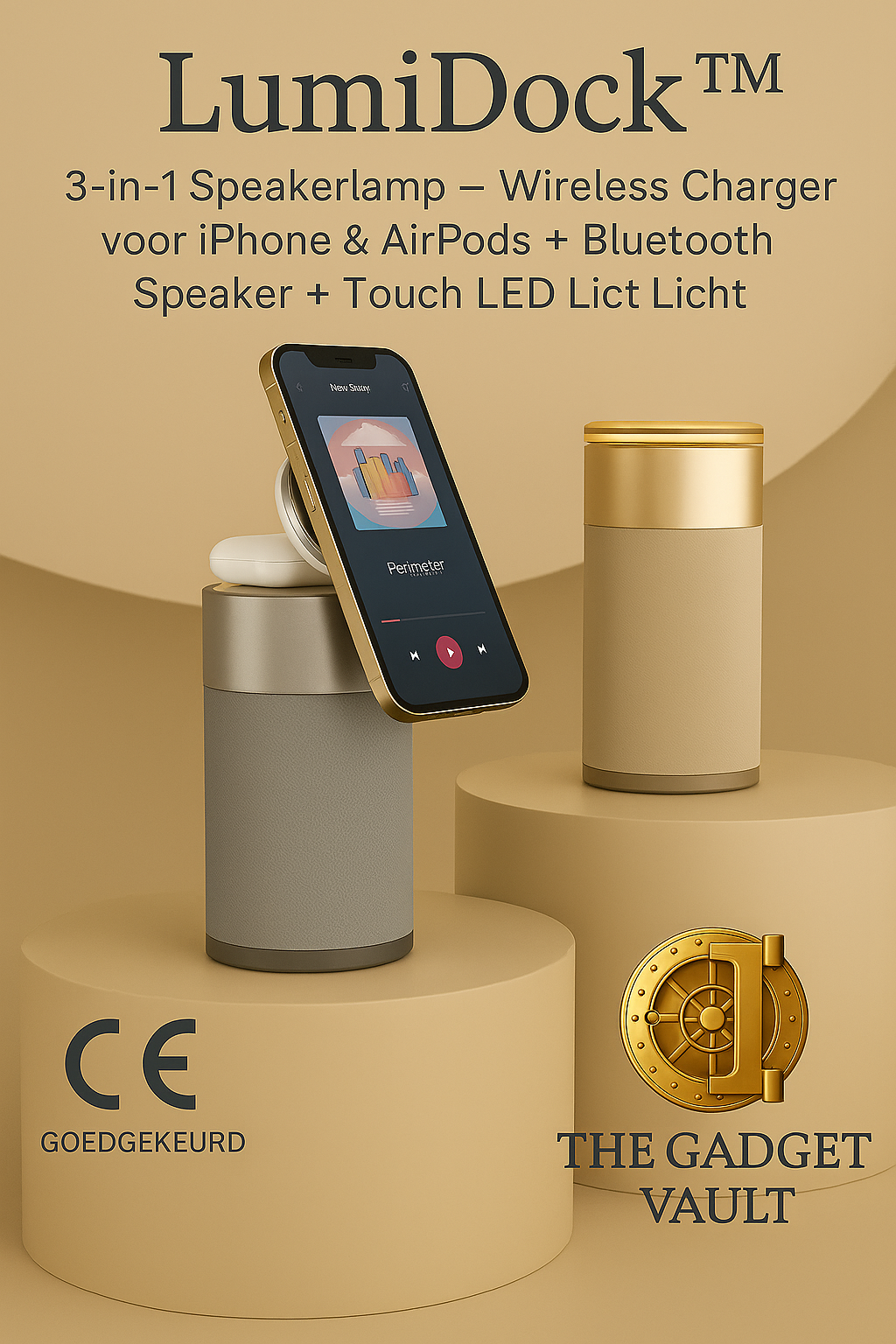 Luxe 3-in-1 draadloze oplader met Bluetooth speaker en touchlamp – CE-goedgekeurd multifunctioneel design met houder voor iPhone en AirPods, in stijlvolle grijze en champagnekleurige afwerking.