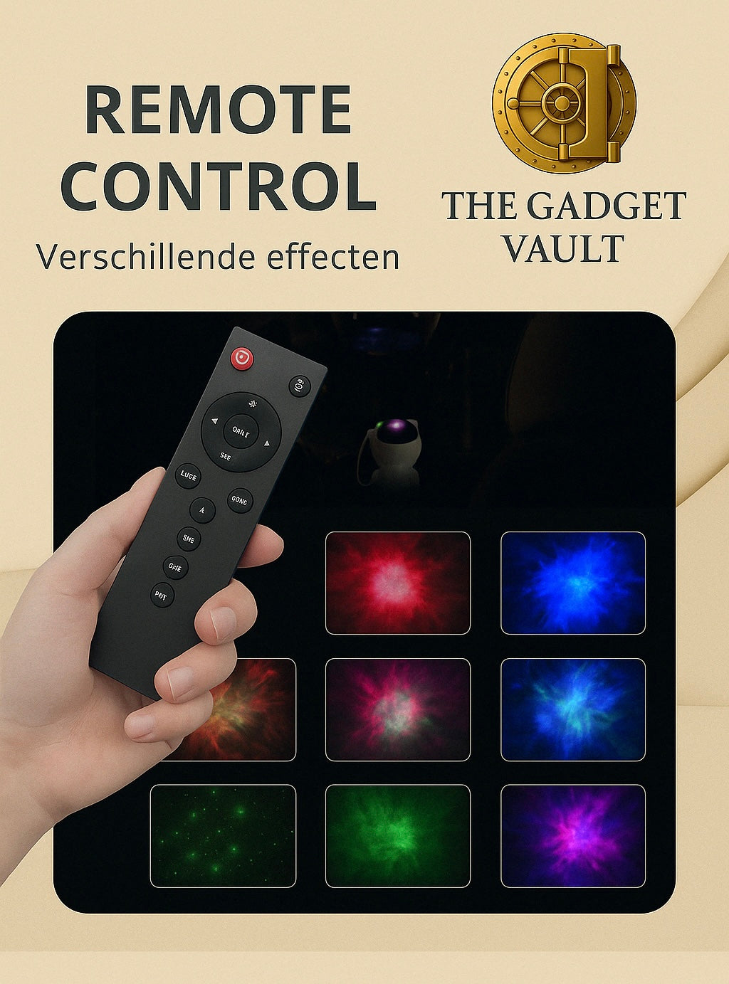 Visual met afstandsbediening en negen kleurrijke projectiemodi van een sterrenhemel projector, in een donkere setting met het officiële kluislogo van The Gadget Vault rechtsboven.