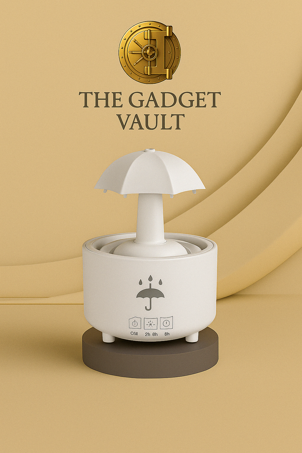 “Een witte ultrasonische luchtbevochtiger in de vorm van een paddenstoel met parapluvormig dak, elegant gepresenteerd voor The Gadget Vault”