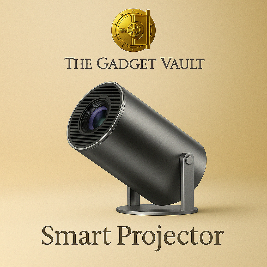Stijlvolle zwarte smart projector met metallic afwerking op een standaard, gepresenteerd tegen een zachte goud/beige achtergrond in de luxueuze brandingstijl van The Gadget Vault. Ideaal voor home cinema of professioneel gebruik.