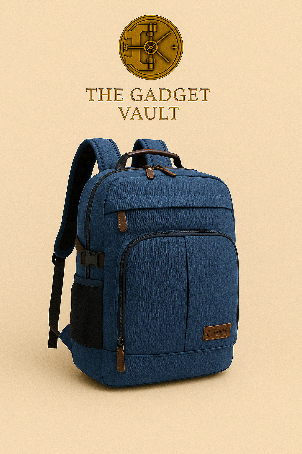 Blauwe canvas rugzak met lederen details, ruime voorvakken en verstelbare schouderbanden, gepresenteerd op een beige achtergrond met goudkleurig kluislogo van The Gadget Vault.