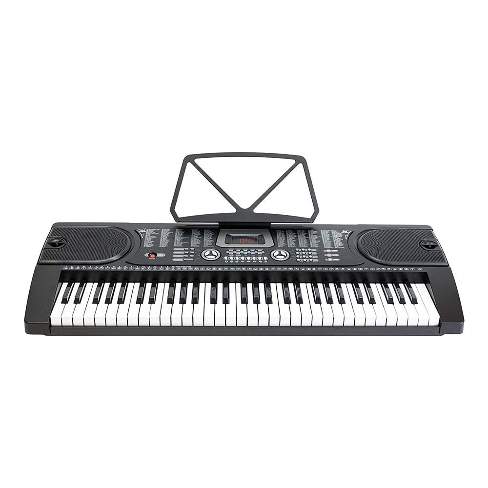 Zijaanzicht van een zwarte elektronische synthesizer met 61 toetsen, muziekstandaard en ingebouwde speakers, ideaal voor thuisgebruik en muzikale creativiteit.