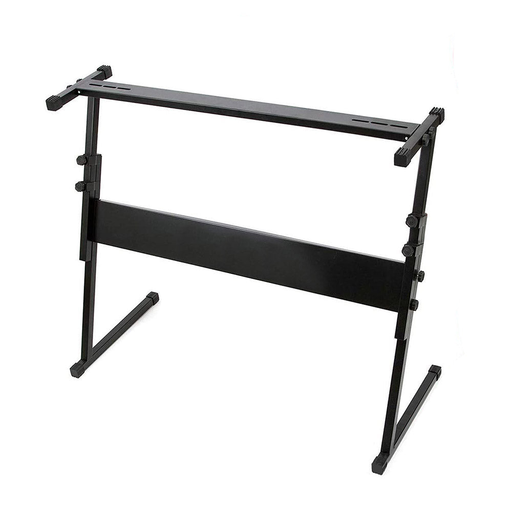 Verstelbare zwarte keyboardstandaard met stevige basis – ontworpen voor optimaal speelcomfort en stabiliteit.