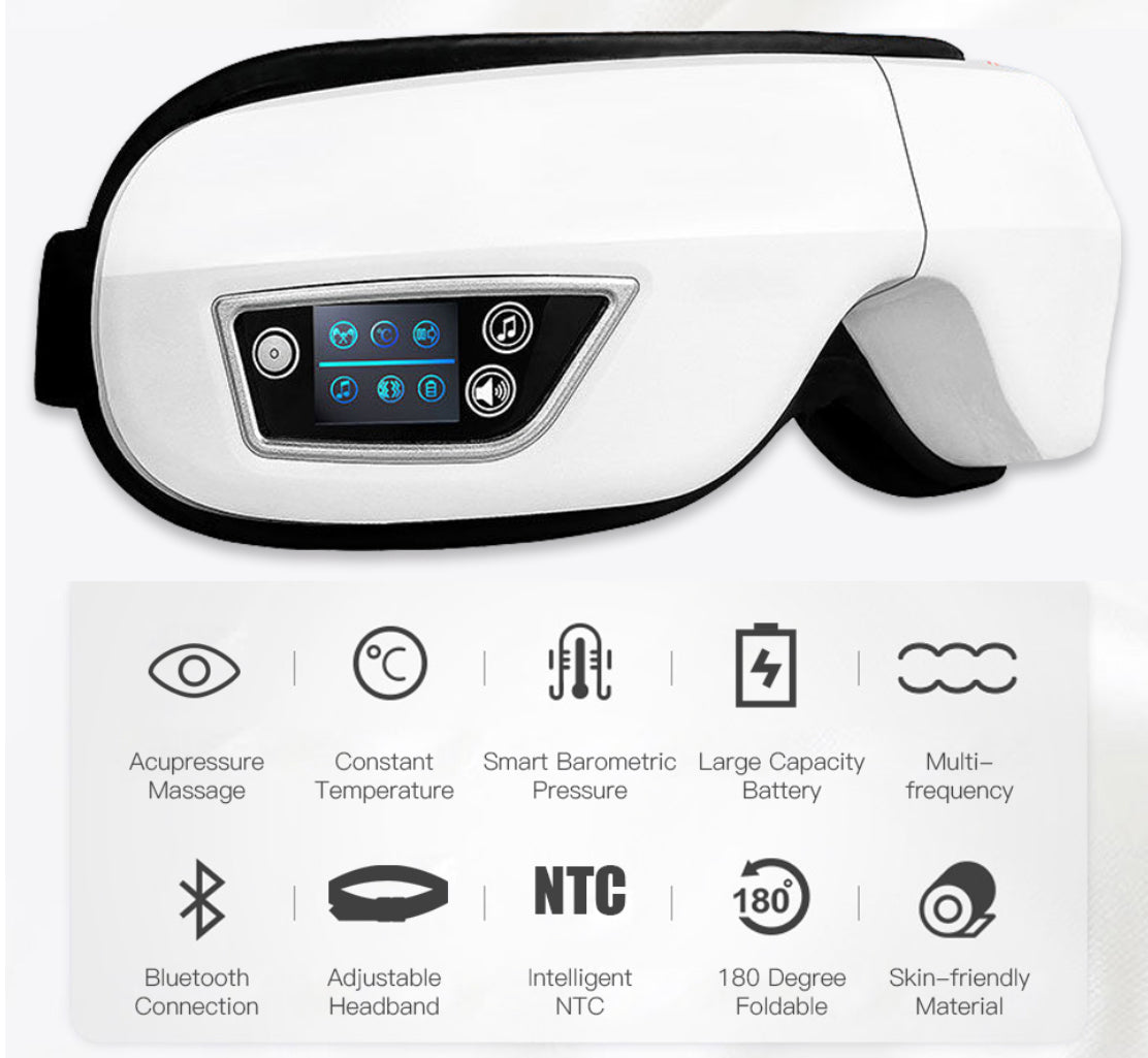 Close-up van een witte draadloze oogmassagebril met digitaal bedieningspaneel, inclusief icoontjes die functies tonen zoals acupressuurmassage, constante temperatuur, barometrische druk, Bluetooth, en opvouwbaar ontwerp.