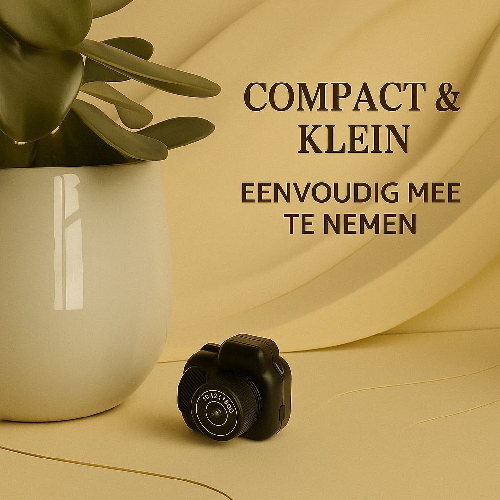 “Compacte zwarte mini camera naast een witte bloempot, op luxe beige achtergrond. Tekst in beeld: ‘Compact & Klein – Makkelijk mee te nemen’. Stijlvolle presentatie in brandingstijl van The Gadget Vault.”