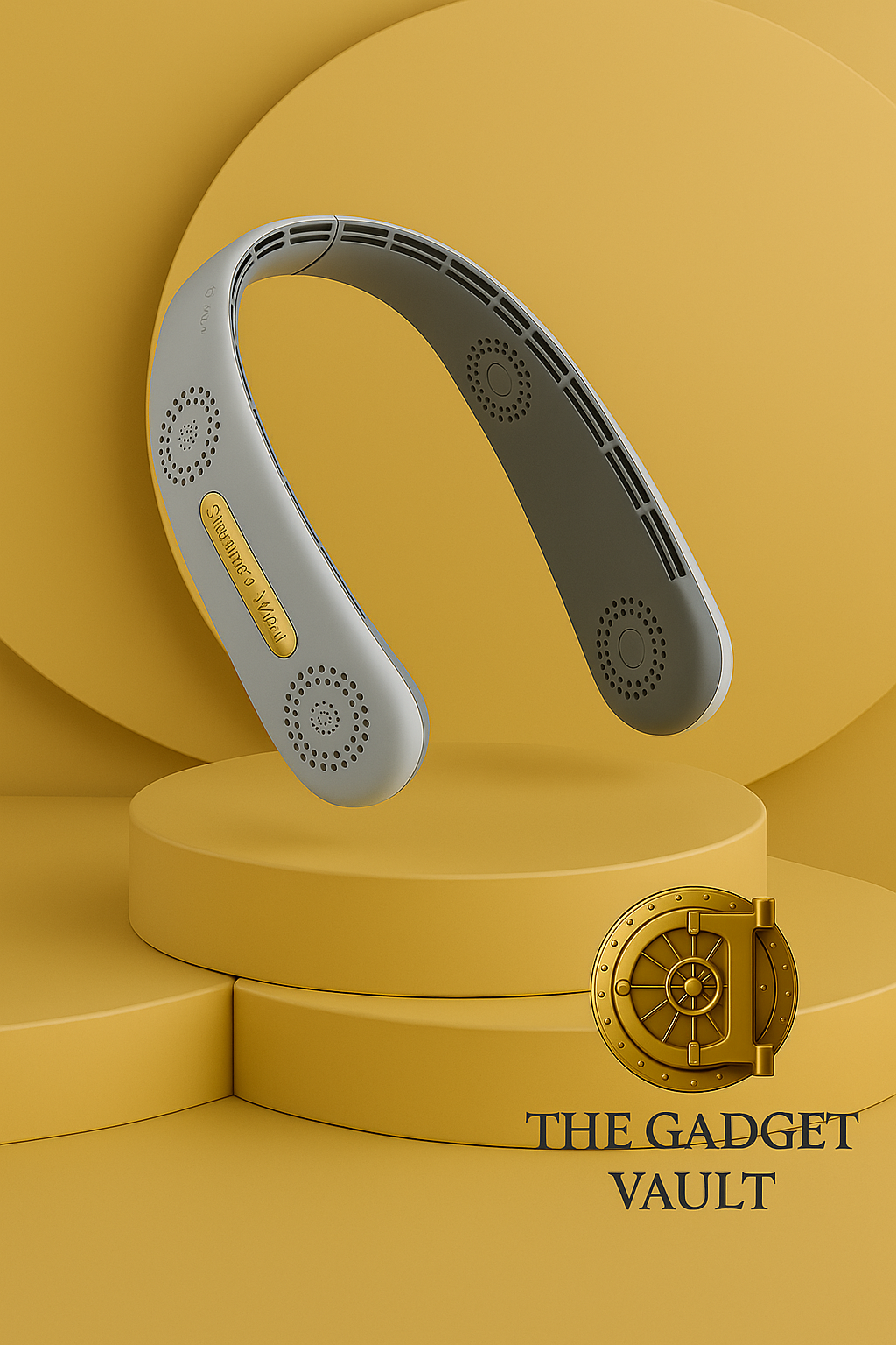 Een witte draagbare nekventilator gepresenteerd op een luxe goudkleurig podium met het logo van The Gadget Vault, tegen een zachte beige achtergrond.