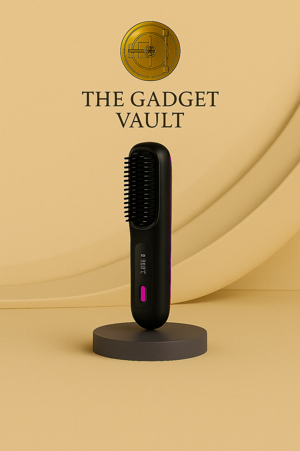 Zwarte draadloze haarstijlborstel met paarse accenten, elegant gepresenteerd op een luxe goud-beige achtergrond met het logo van The Gadget Vault bovenaan.