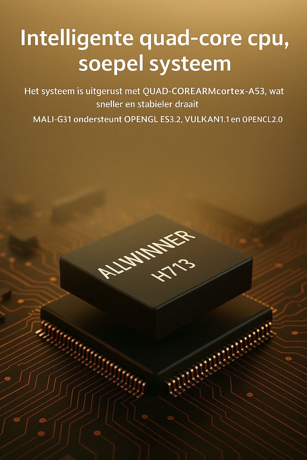 Close-up van een Allwinner H713 quad-core processor op een high-tech printplaat met verlichte circuits, met opschrift over systeemstabiliteit en MALI-G31 GPU-ondersteuning voor OpenGL ES 3.2, Vulkan 1.1 en OpenCL 2.0. Ideaal voor krachtige smartprojectors.
