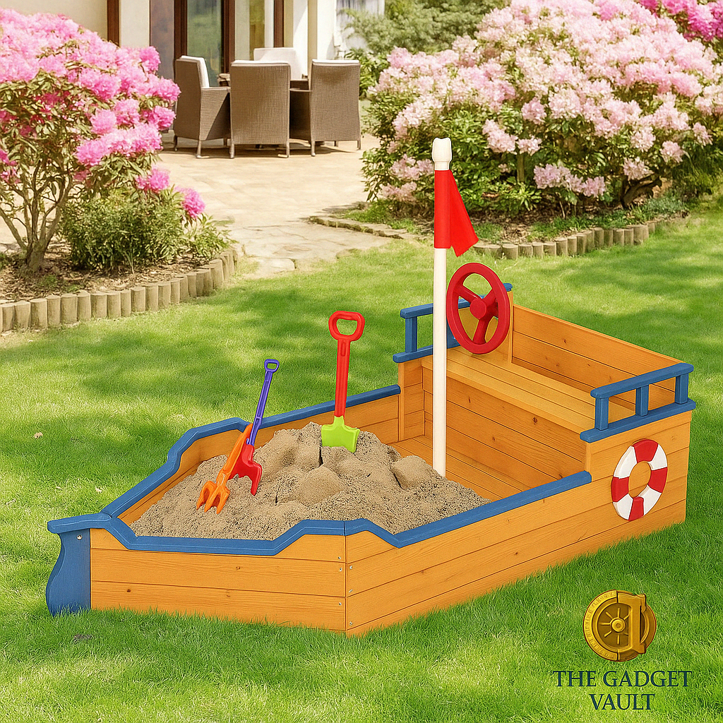 Houten zandbak in de vorm van een piratenschip met rode vlag, stuurwiel en kleurrijk speelgoed, geplaatst op een groene tuin met bloeiende bloemen – luxe presentatie met The Gadget Vault-logo rechtsonder.