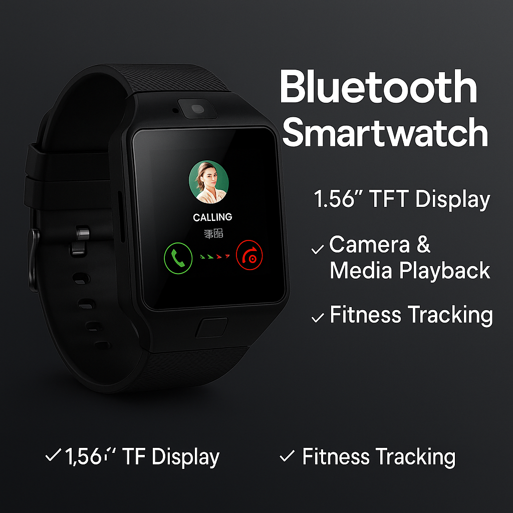 Zwart Bluetooth-smartwatchmodel met vierkante touchscreen en rubberen polsband, elegant gepresenteerd op een neutrale achtergrond voor productweergave.