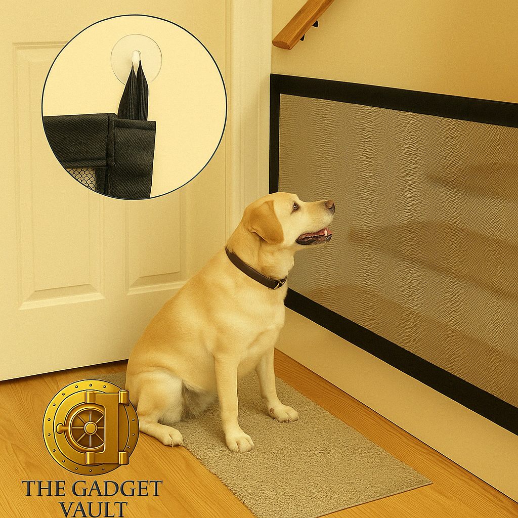 Een lichtbruine Labrador zit rustig voor een transparant veiligheidsnet dat tussen een deur en een trap is gespannen. Het net is met een zuignap bevestigd aan de deur. Linksonder is subtiel het logo van The Gadget Vault zichtbaar.