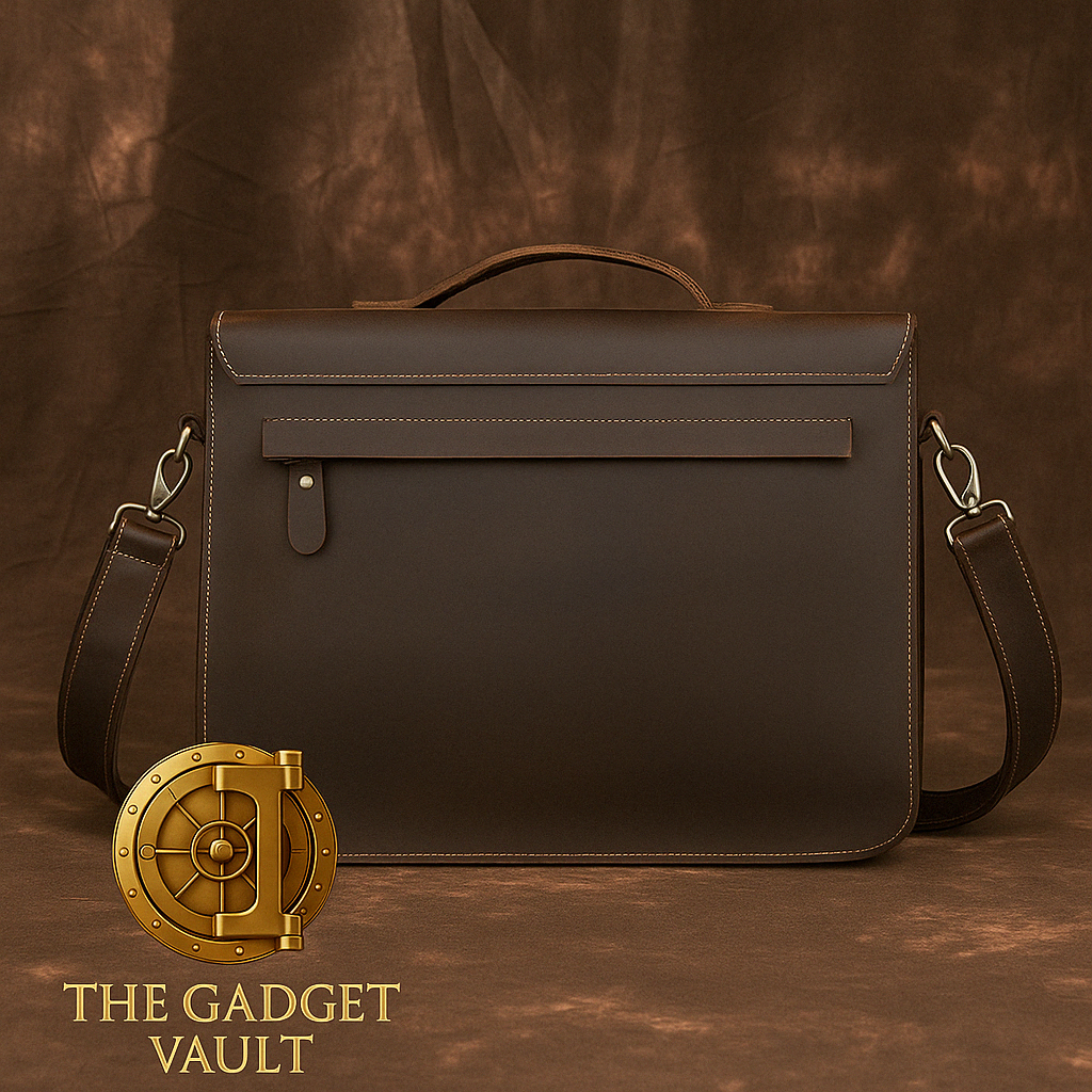 Donkerbruine lederen aktetas van Crazy Horse-leer met verstelbare schouderriem en achterzak met flap, gepresenteerd tegen een luxe bruin textieldecor. Het kluislogo van The Gadget Vault staat subtiel linksonder.
