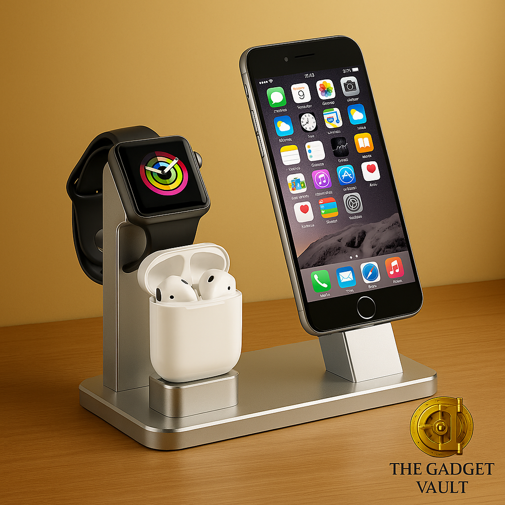 Zilverkleurig 3-in-1 oplaadstation voor smartphone, smartwatch en AirPods, gepresenteerd op een warme houten ondergrond met gouden achtergrond en luxe kluislogo van The Gadget Vault.
