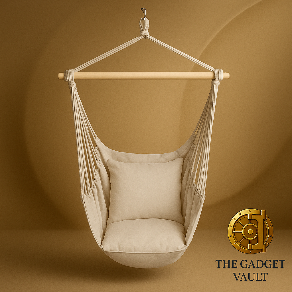 Crèmekleurige hangstoel met houten spreidstok en gevlochten ophangtouwen, inclusief zacht rug- en zitkussen, sfeervol gepresenteerd tegen een warme beige-gouden achtergrond met het logo van The Gadget Vault rechtsonder.