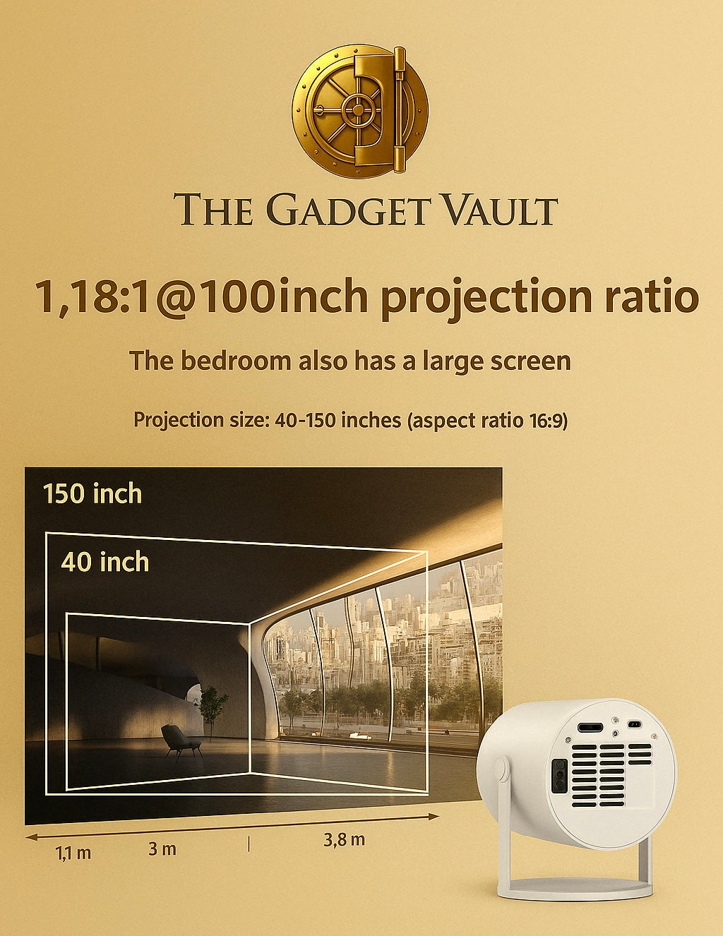 Een luxe visual van een compacte witte projector op standaard, geprojecteerd op een muur met afmetingen tot 150 inch. Op de achtergrond zie je een futuristische kamer met een skyline-projectie. Rechts onderaan staat het gouden kluislogo van The Gadget Vault.