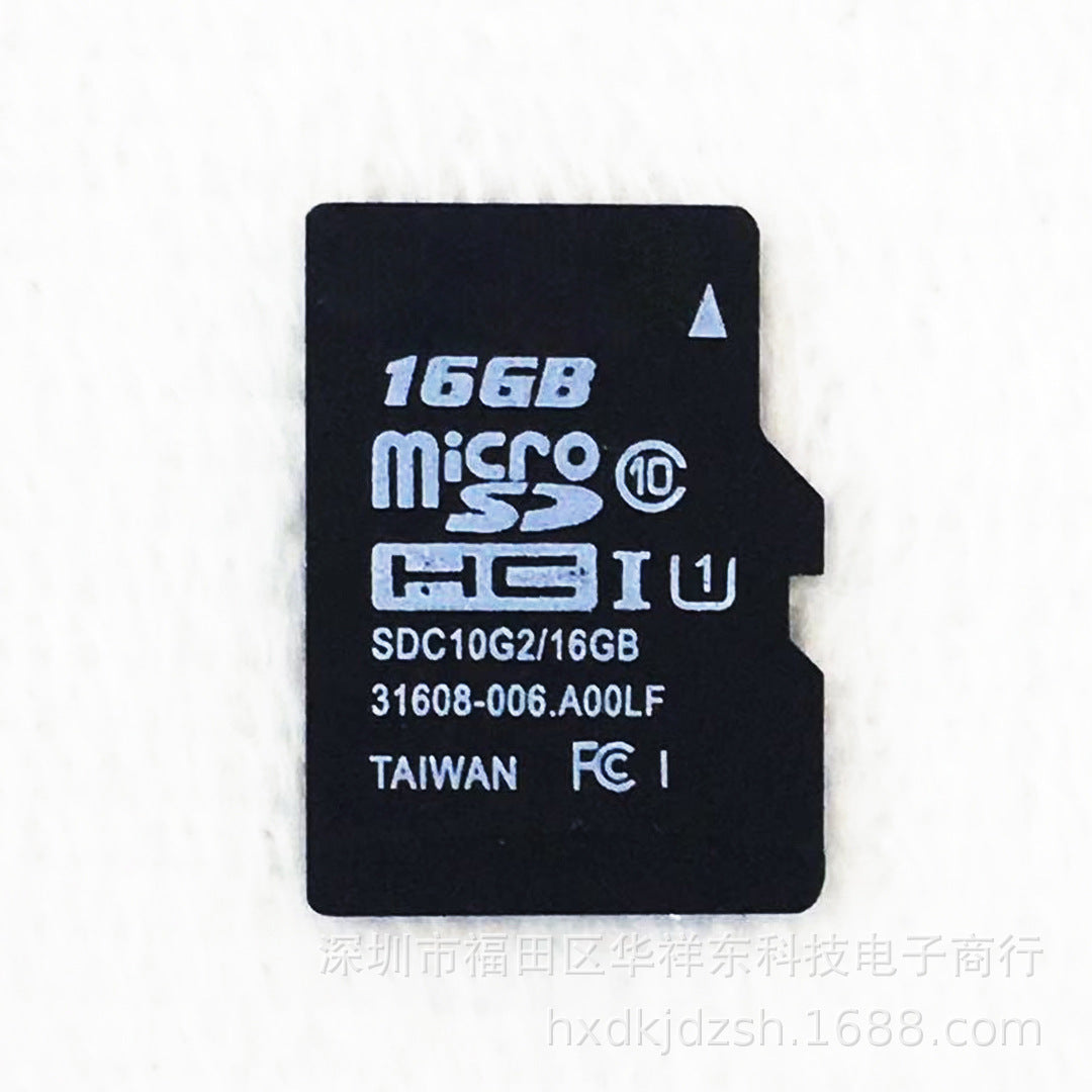 Zwarte microSD-geheugenkaart van 16GB met witte opdruk, geschikt voor opslag in camera’s, smartphones en andere apparaten. Aangeduid als Class 10 en UHS-I (U1), gefabriceerd in Taiwan.