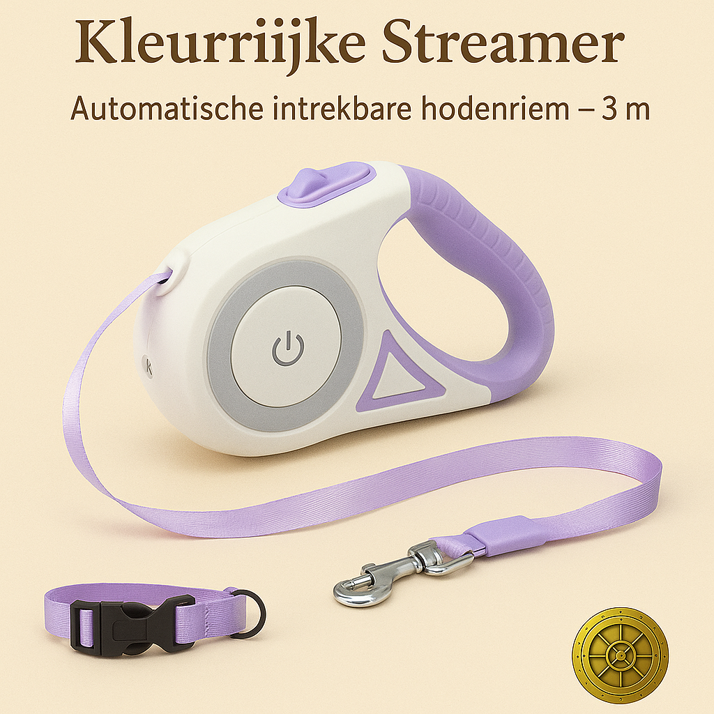 Witte automatische intrekbare hondenriem met paarse accenten en bijpassende halsband, gepresenteerd op een warme beige achtergrond met luxe gouden kluislogo van The Gadget Vault.