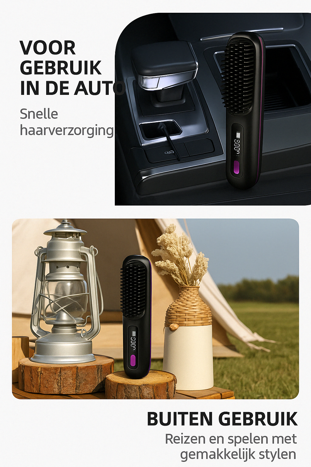 “Promotionele afbeelding van een draadloze haarstijlborstel in zwart met paarse accenten, afgebeeld in twee gebruikssituaties: staand in een auto-interieur in de bekerhouder, en op een houten tafel in een outdoor setting naast kampeeraccessoires. Ideaal voor onderweg en buitengebruik.”